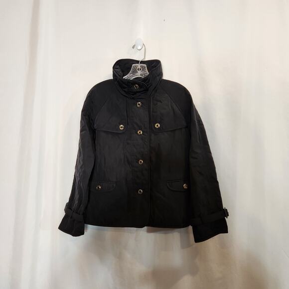 TALBOTS Black Gold Quilted Short Trenchcoat Pockets Classic Women Petite Small S - Picture 1 of 10